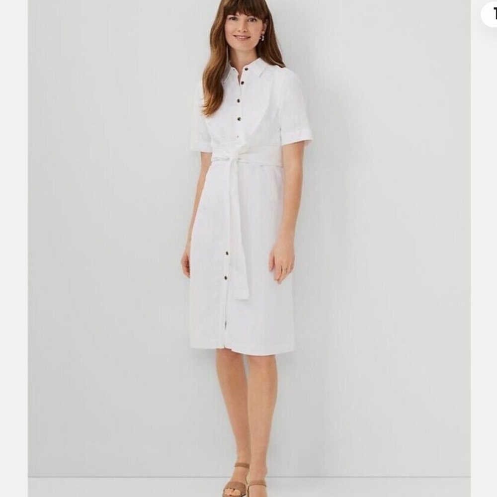 Ann Taylor Petite White Linen Collared Dress with Tie Waist